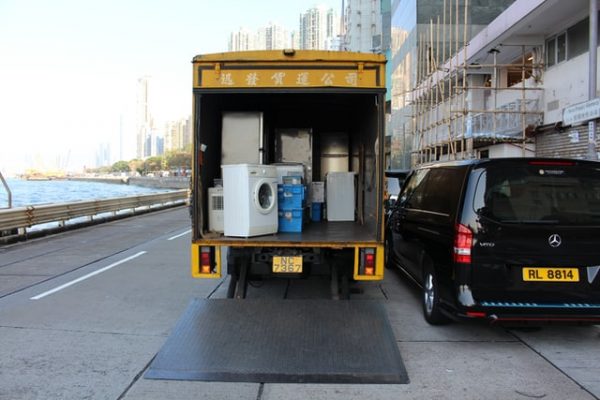 The back of a moving van.