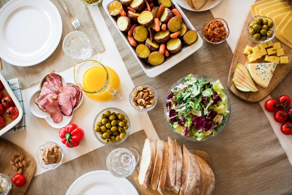 Various snacks and drinks on the table